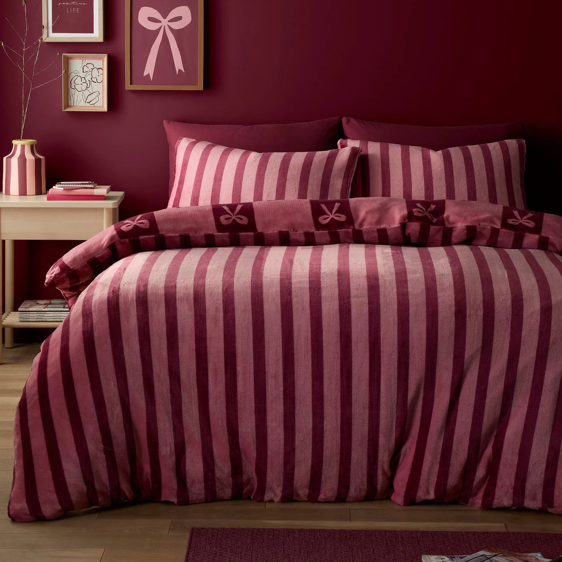 Fusion Bows Berry Duvet Cover Set Bow Stripe Blush Bedding