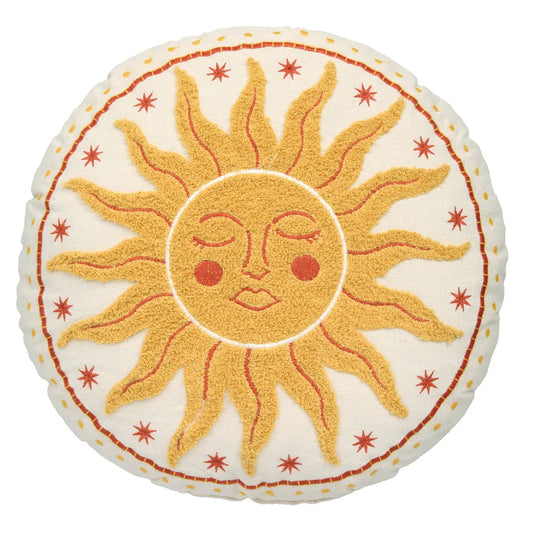 Soleil Round Yellow Cotton Cushion – Sun Design Filled Cushion