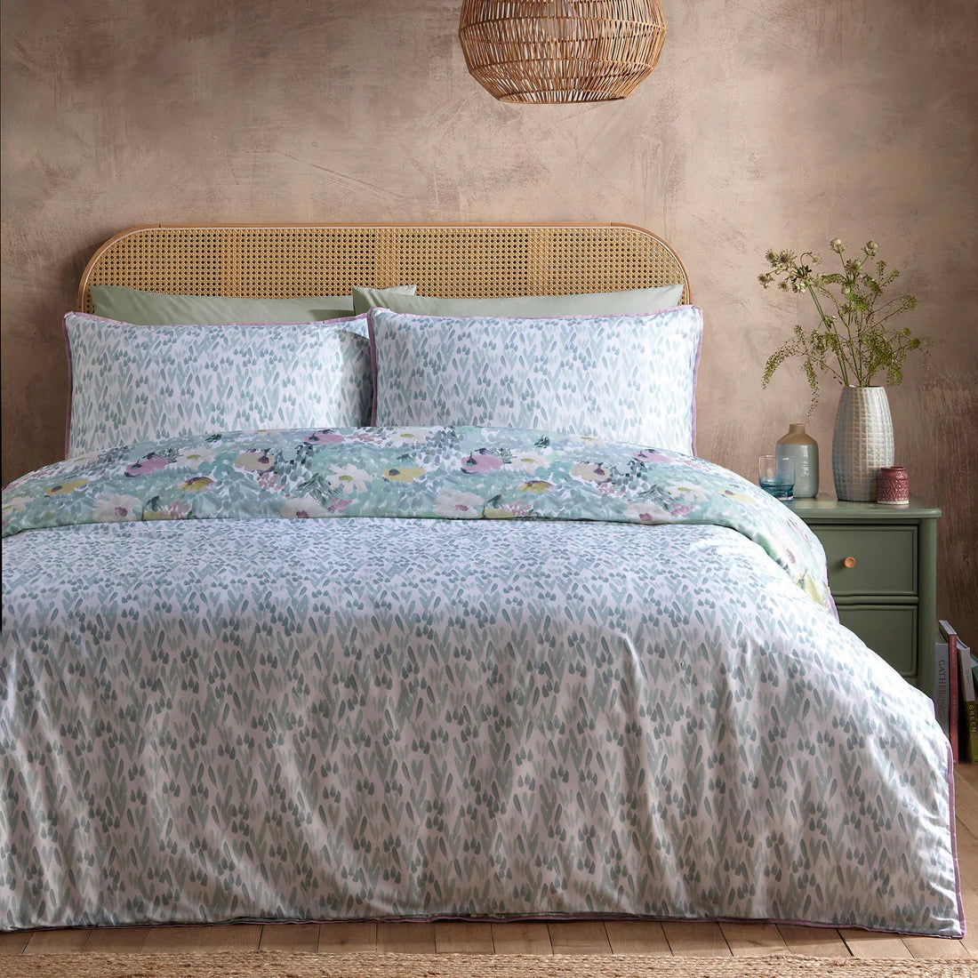 Appletree Abstract Floral duvet cover set with green watercolour floral reversible cotton bedding