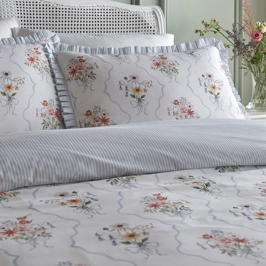 Appletree Floral Bouquet floral duvet cover set with elegant blue floral pattern and reversible stripe bedding