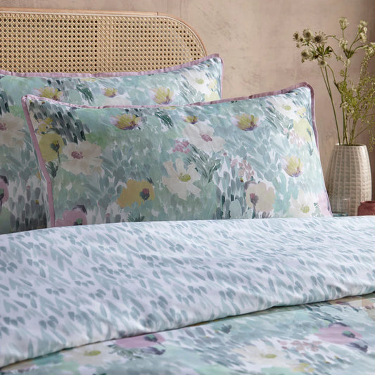 Appletree Abstract Floral duvet cover set with green watercolour floral reversible cotton bedding