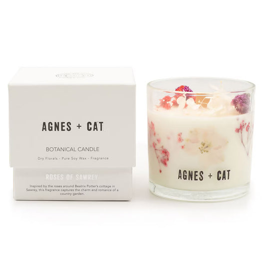 Agnes and Cat Roses of Sawrey botanical soy wax candle with dried floral details and countryside-inspired fragrance