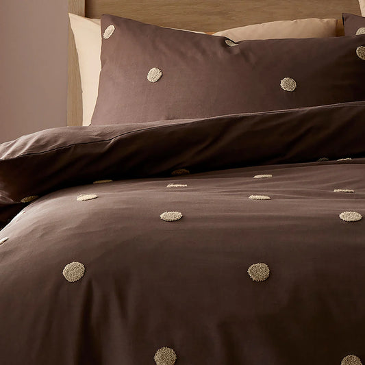 Appletree Dot Garden duvet cover set in chocolate with tufted polka dot detailing and 100% cotton fabric