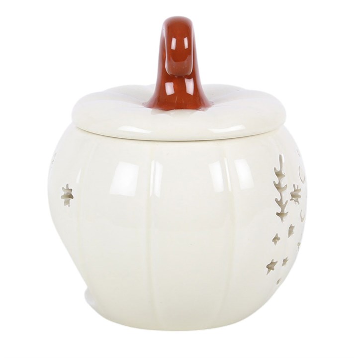 Cream Folk Pumpkin ceramic oil burner and wax warmer for autumn and Halloween home décor