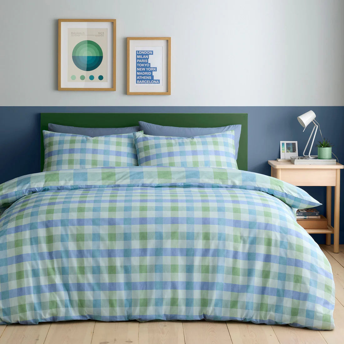 Fusion Block Check duvet cover set with oversized reversible blue and green check bedding