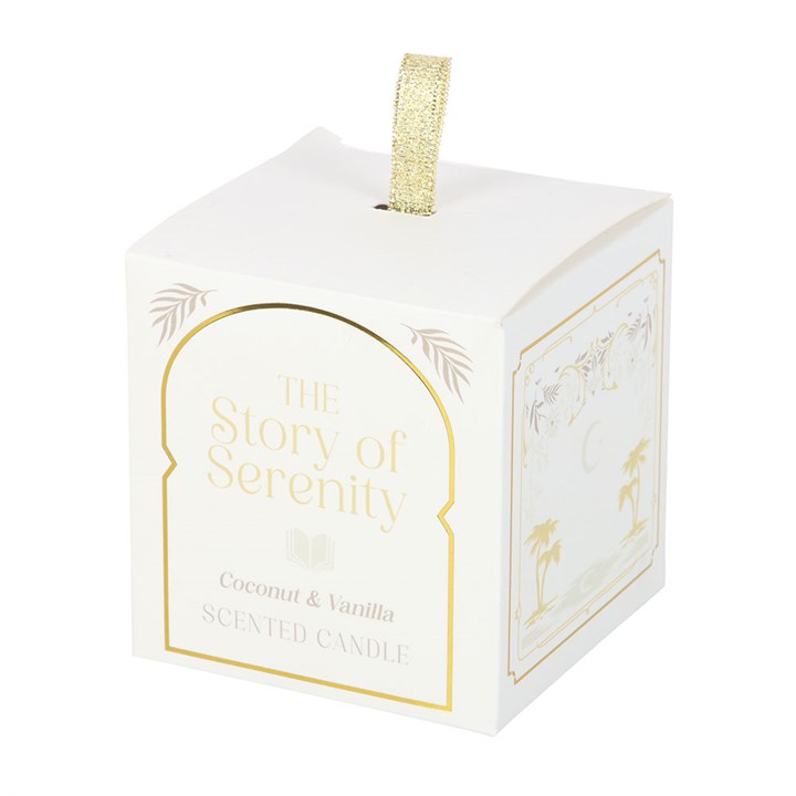 The Story of Serenity Coconut and Vanilla scented candle with elegant gift-ready packaging