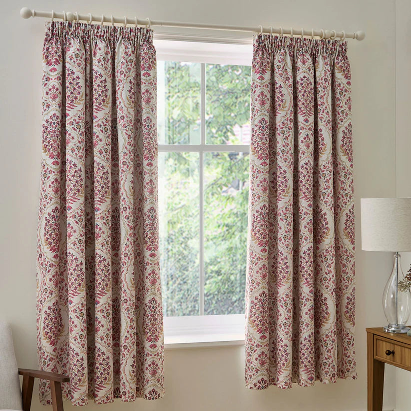 Dreams & Drapes Ashmead Damask Pencil Pleat Curtains in Berry 66 x 72