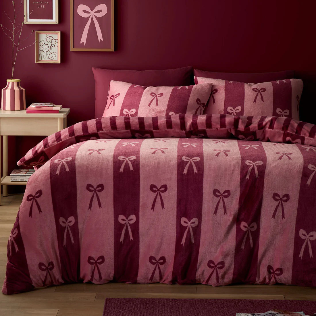 Fusion Bows Berry Duvet Cover Set Bow Stripe Blush Bedding