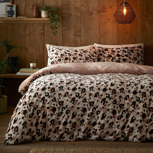 Fusion Cosy Leopard Fleece Sherpa Duvet Cover Set Natural