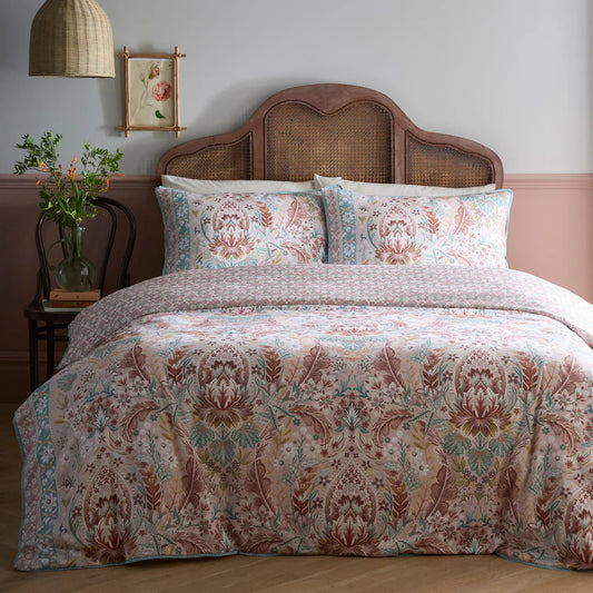 Floral Damask Cotton Sateen Duvet Cover Set – Multi Colour Reversible Luxury Bedding