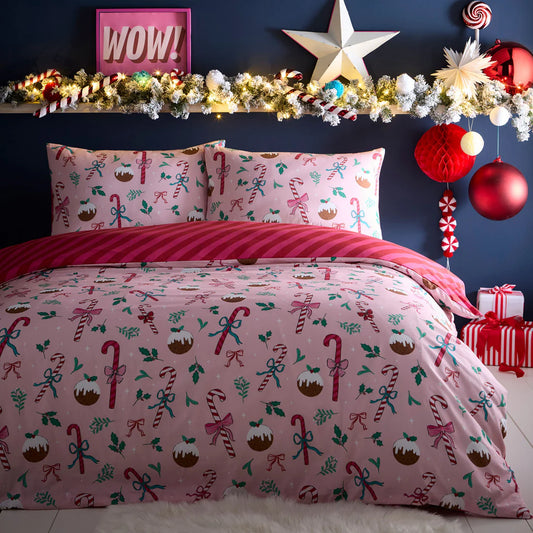 Fusion Festive Fancy Pink Christmas Reversible Duvet Cover Set