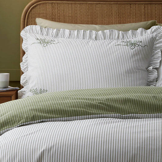 Appletree Frilled Embroidered Bow Stripe 100% Cotton Duvet Cover Set Green