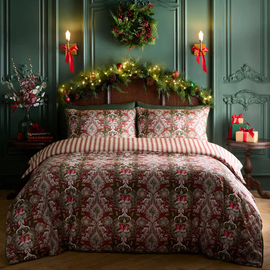 Laurence Llewelyn-Bowen Festive Robin Christmas Cotton Sateen Duvet Cover Set Red