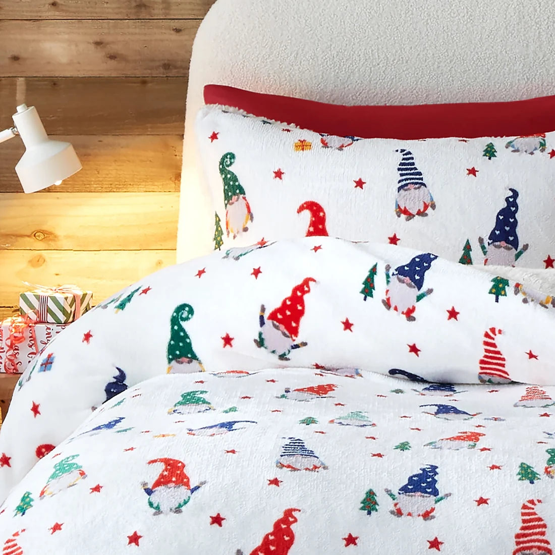 Fusion Festive Gonks Plush Sherpa Christmas Duvet Cover Set Red