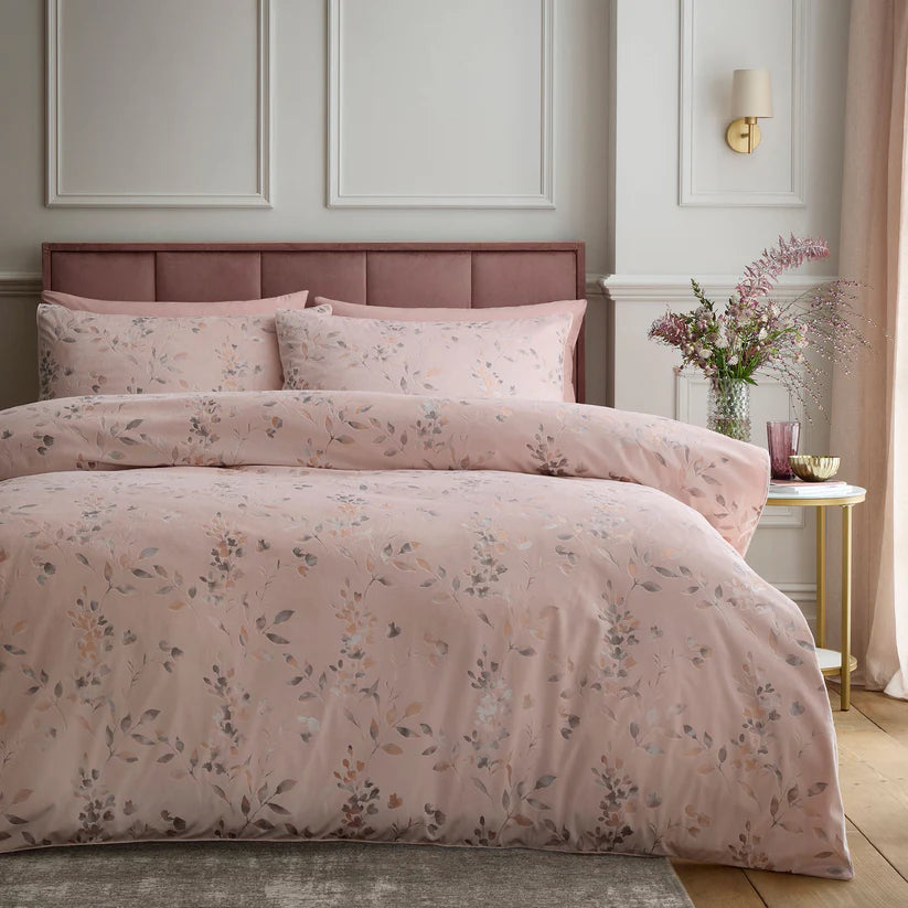 Soiree Metallic Leaf Velvet Duvet Cover Set Pink Luxury Glam Bedding