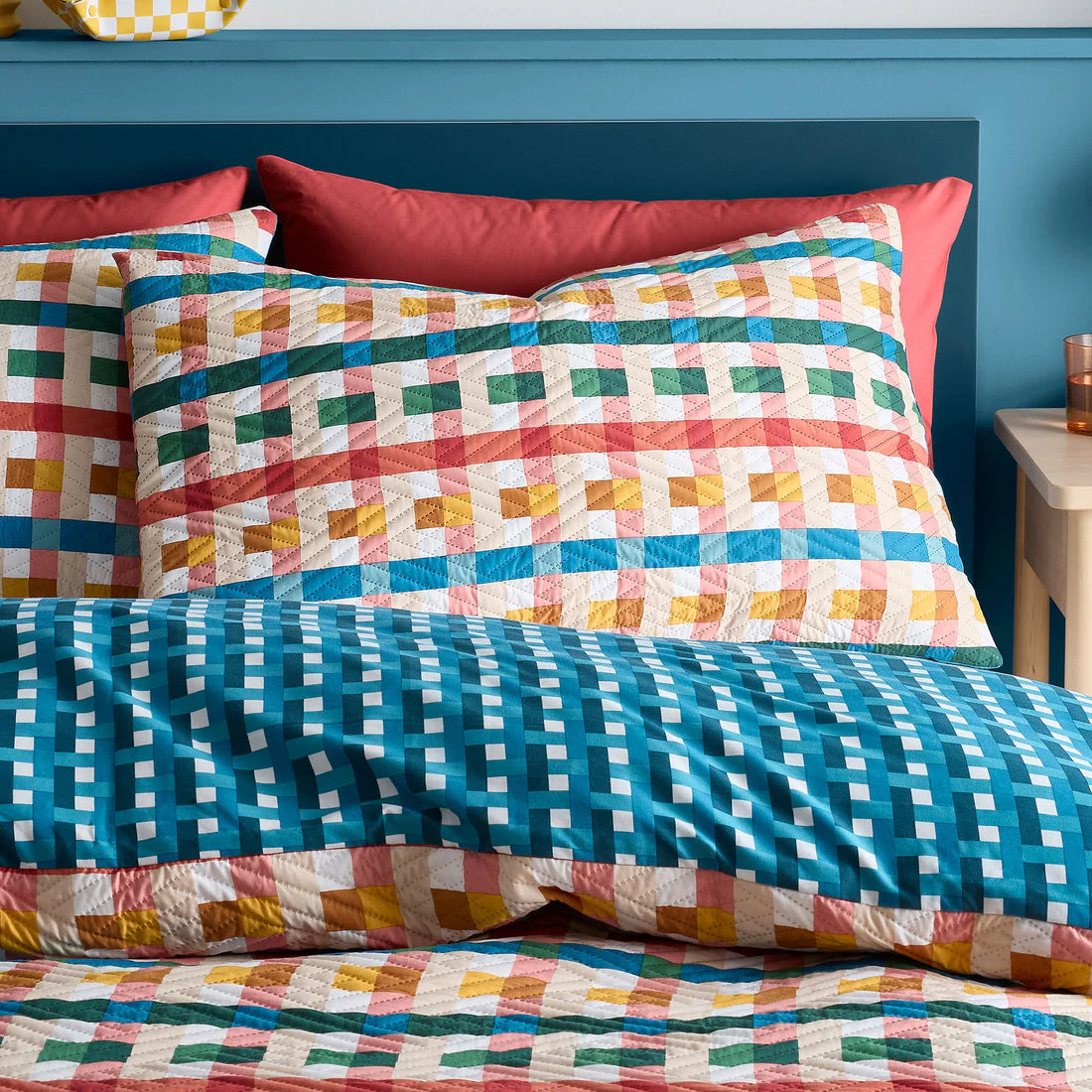 Fusion Rhett duvet cover set in multicolour with geometric pinsonic design and reversible blue pattern
