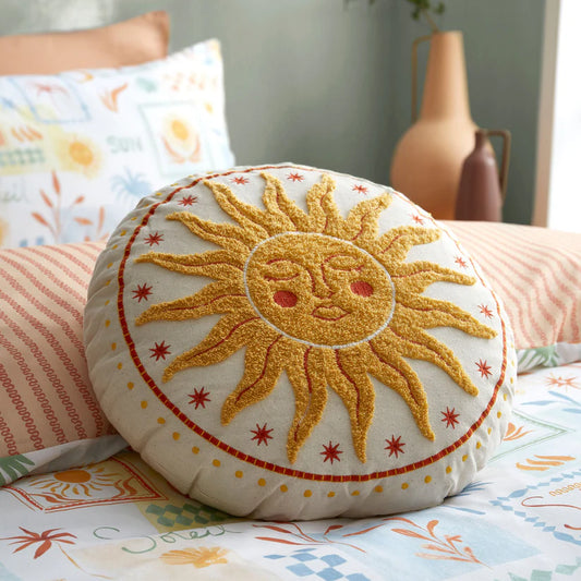 Soleil Round Yellow Cotton Cushion – Sun Design Filled Cushion