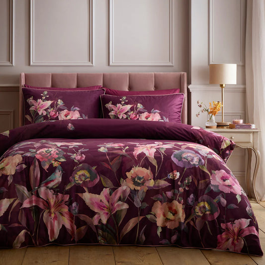 Soiree Tatiana Velvet Duvet Cover Set Berry Floral Luxury Bedding