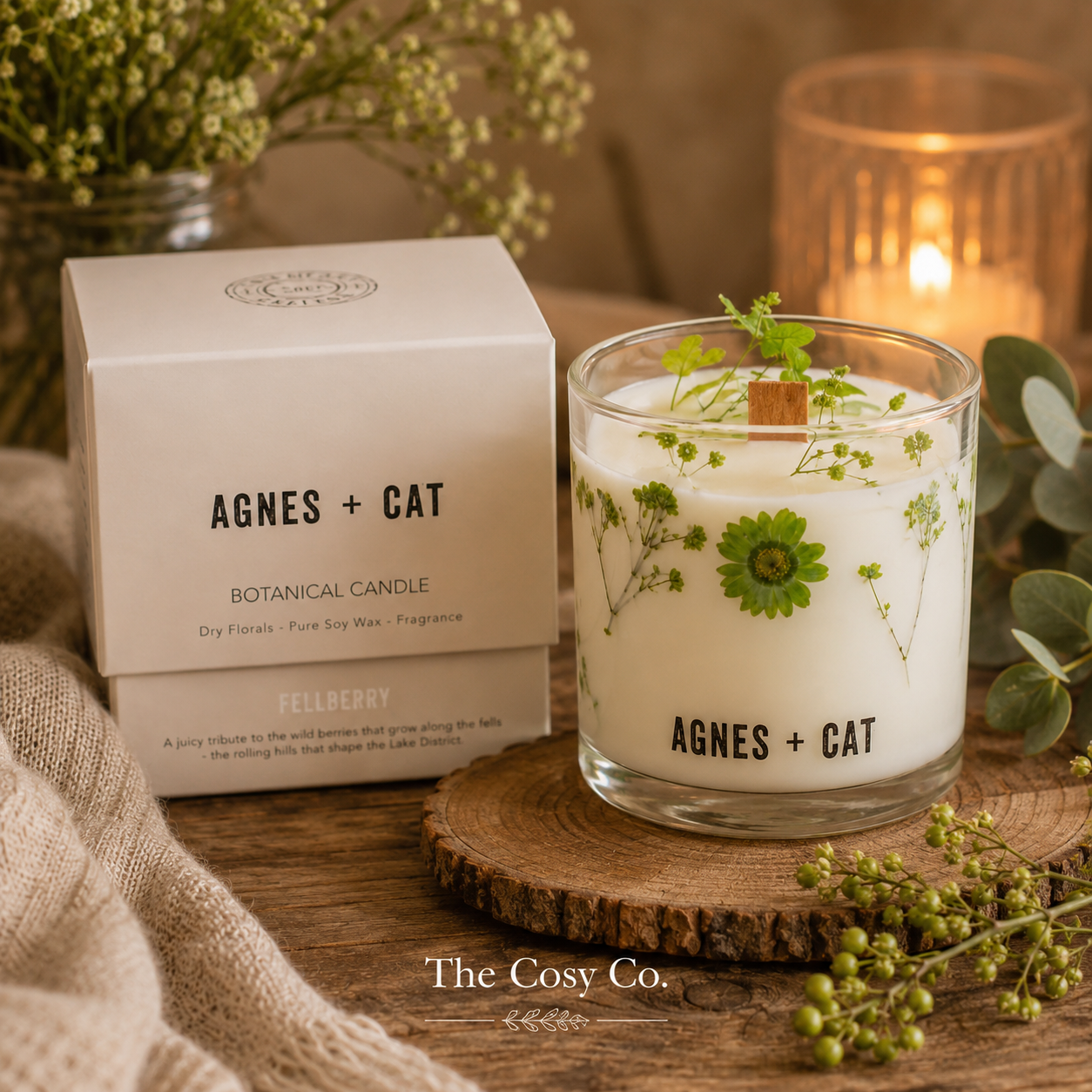Agnes and Cat Fellberry botanical soy wax candle with dried florals and cosy botanical styling