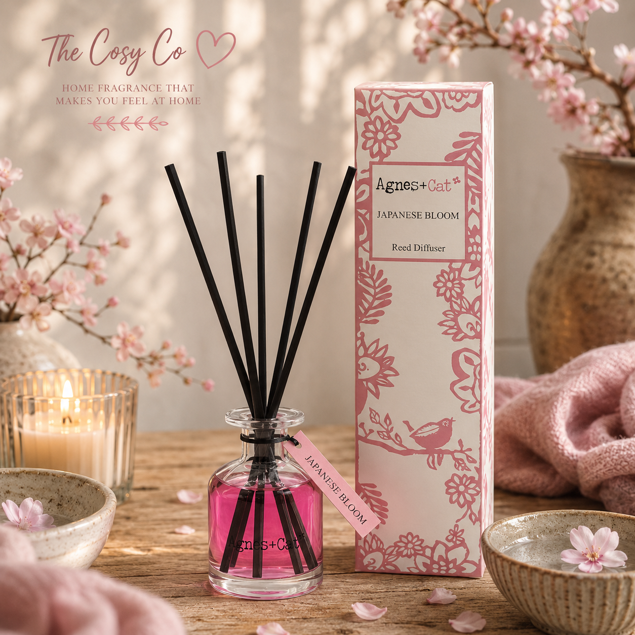 Agnes and Cat Japanese Bloom reed diffuser with elegant floral home fragrance