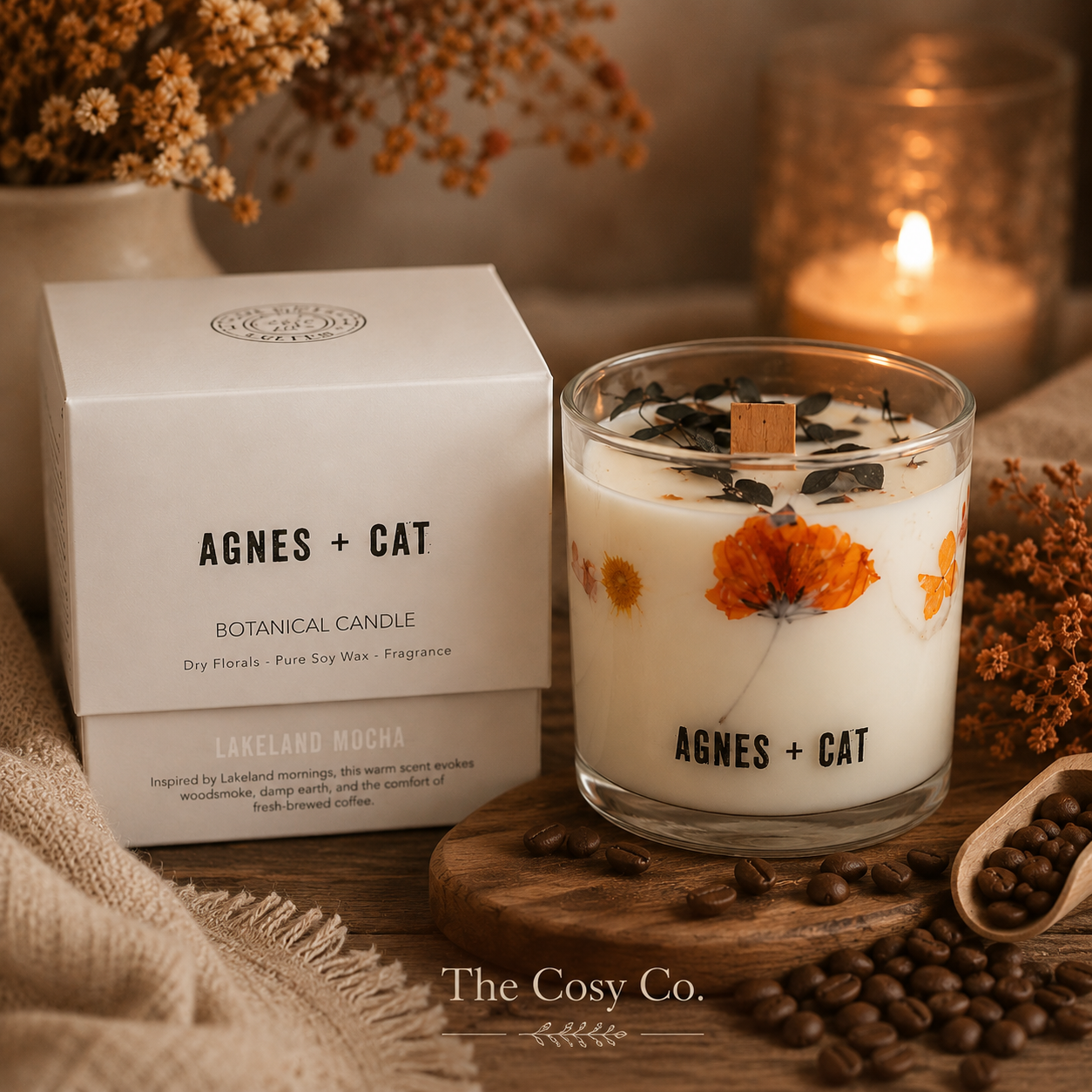 Agnes and Cat Lakeland Mocha botanical soy wax candle with coffee-inspired fragrance and dried florals
