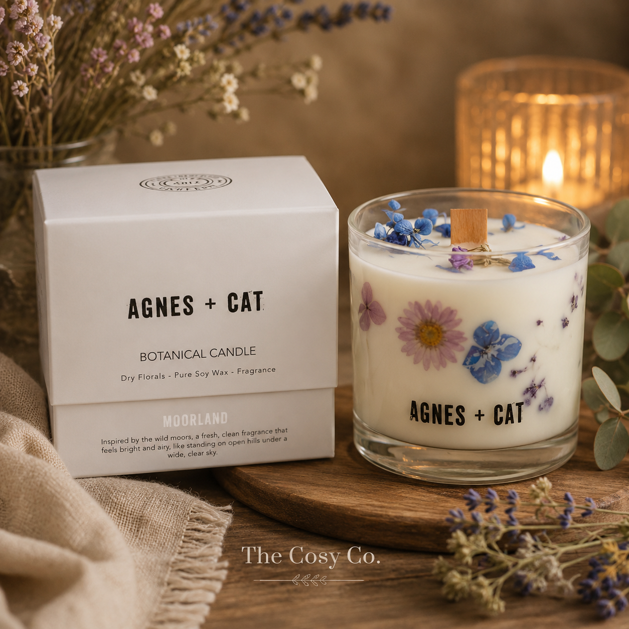 Agnes and Cat Moorland botanical soy wax candle with dried florals and fresh countryside-inspired fragrance