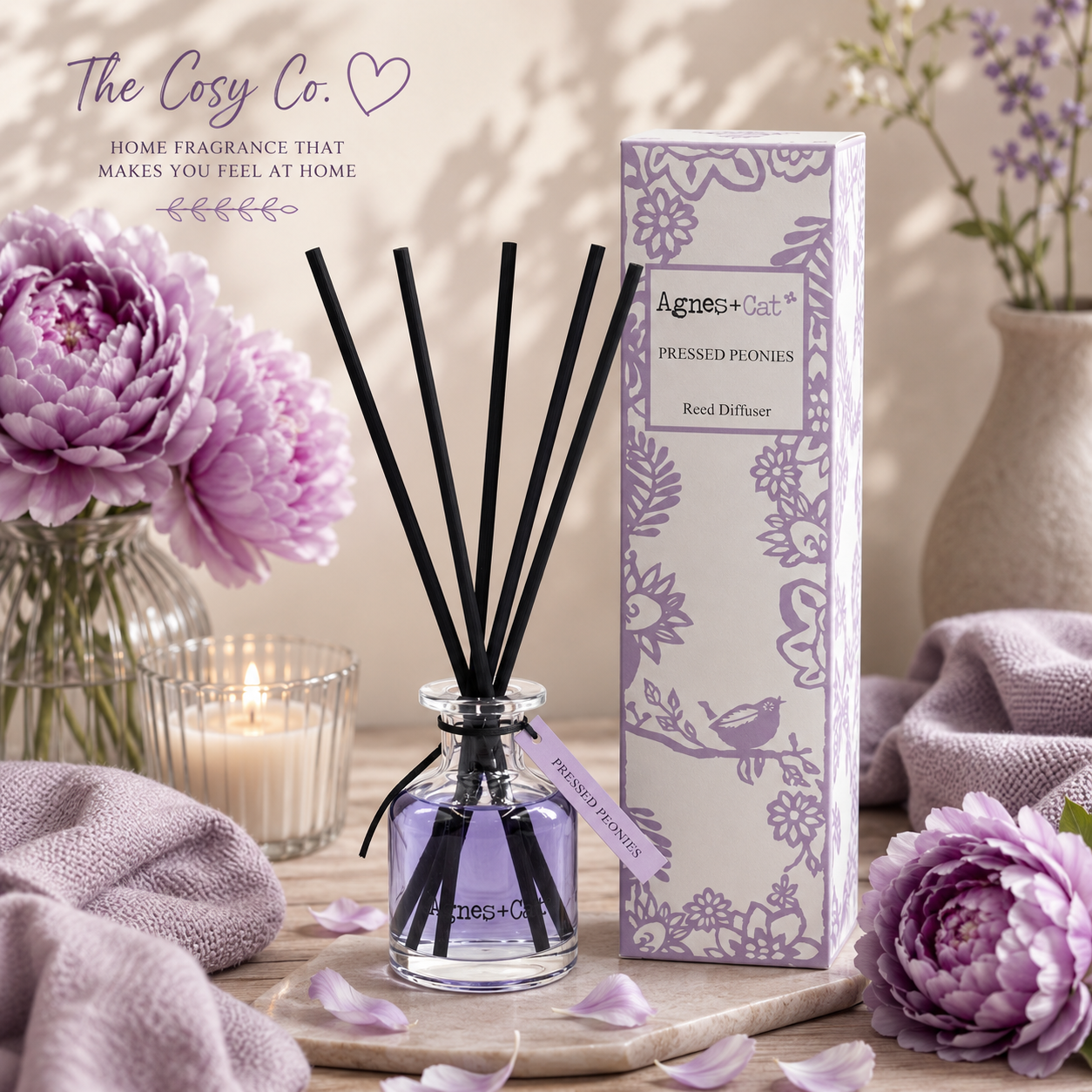 Agnes and Cat Pressed Peonies reed diffuser with elegant floral home fragrance