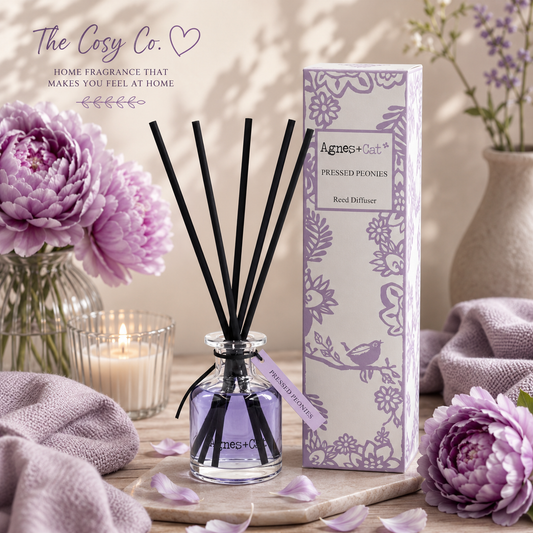 Agnes and Cat Pressed Peonies reed diffuser with elegant floral home fragrance