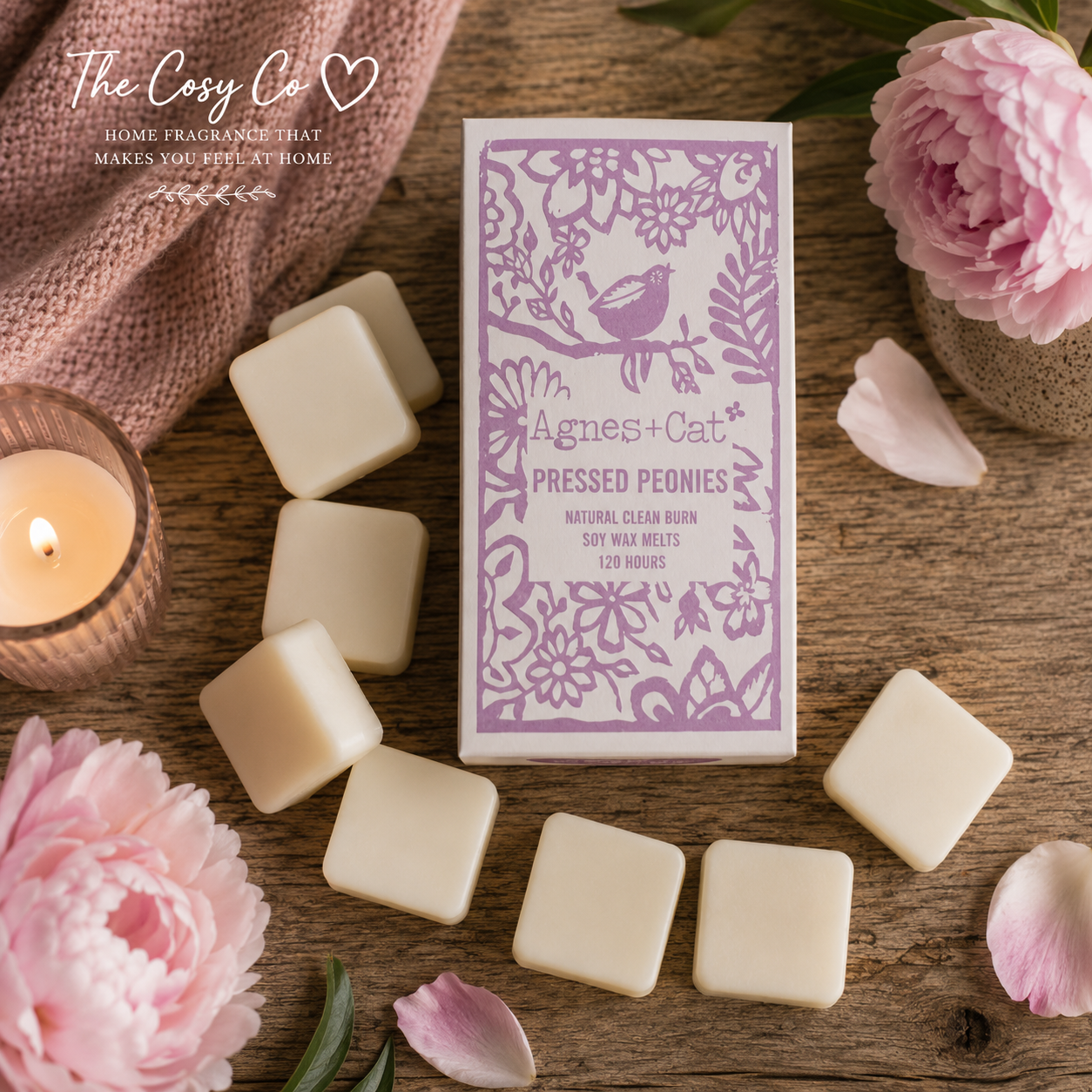 Agnes and Cat Pressed Peonies soy wax melts with soft floral home fragrance