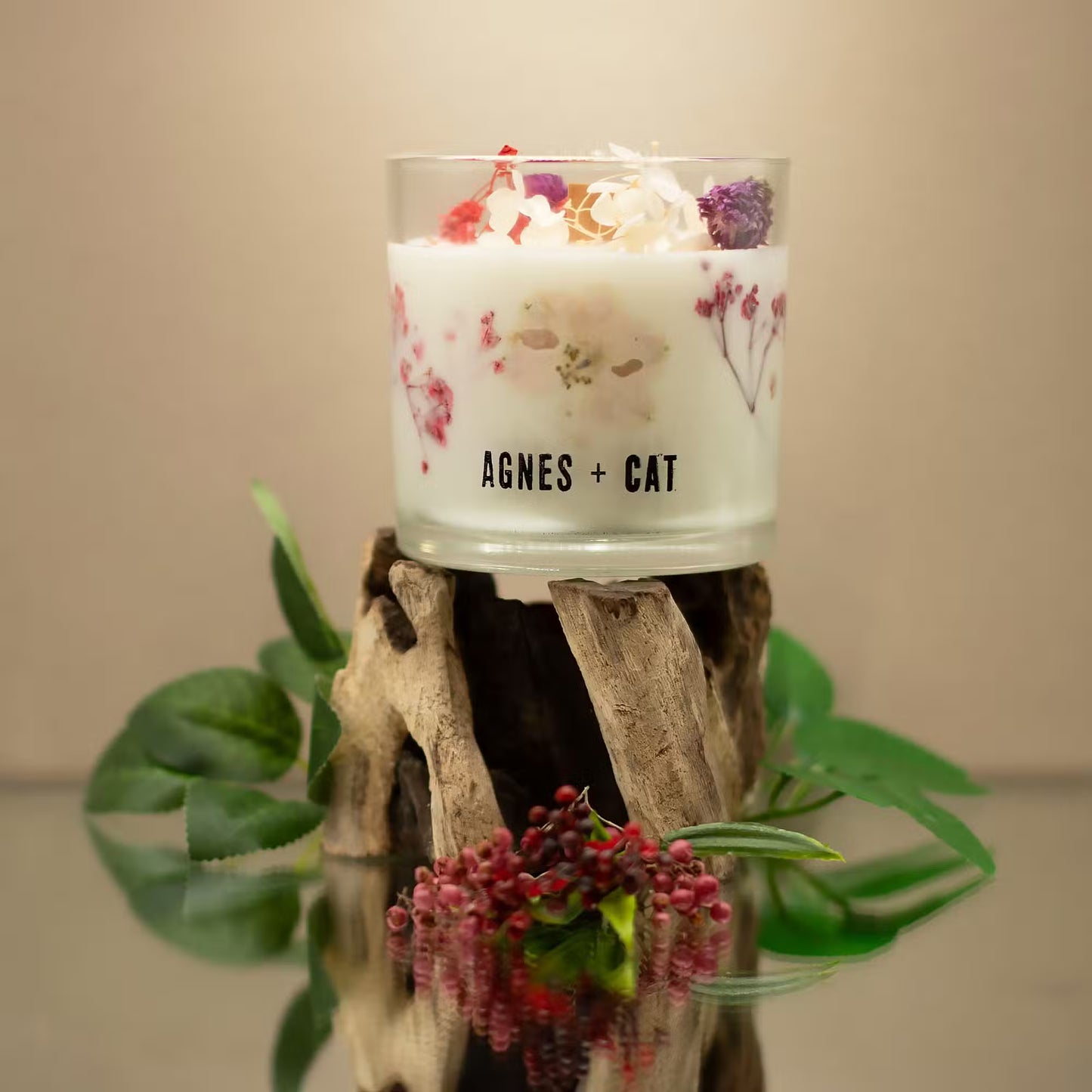 Agnes and Cat Roses of Sawrey botanical soy wax candle with dried floral details and countryside-inspired fragrance
