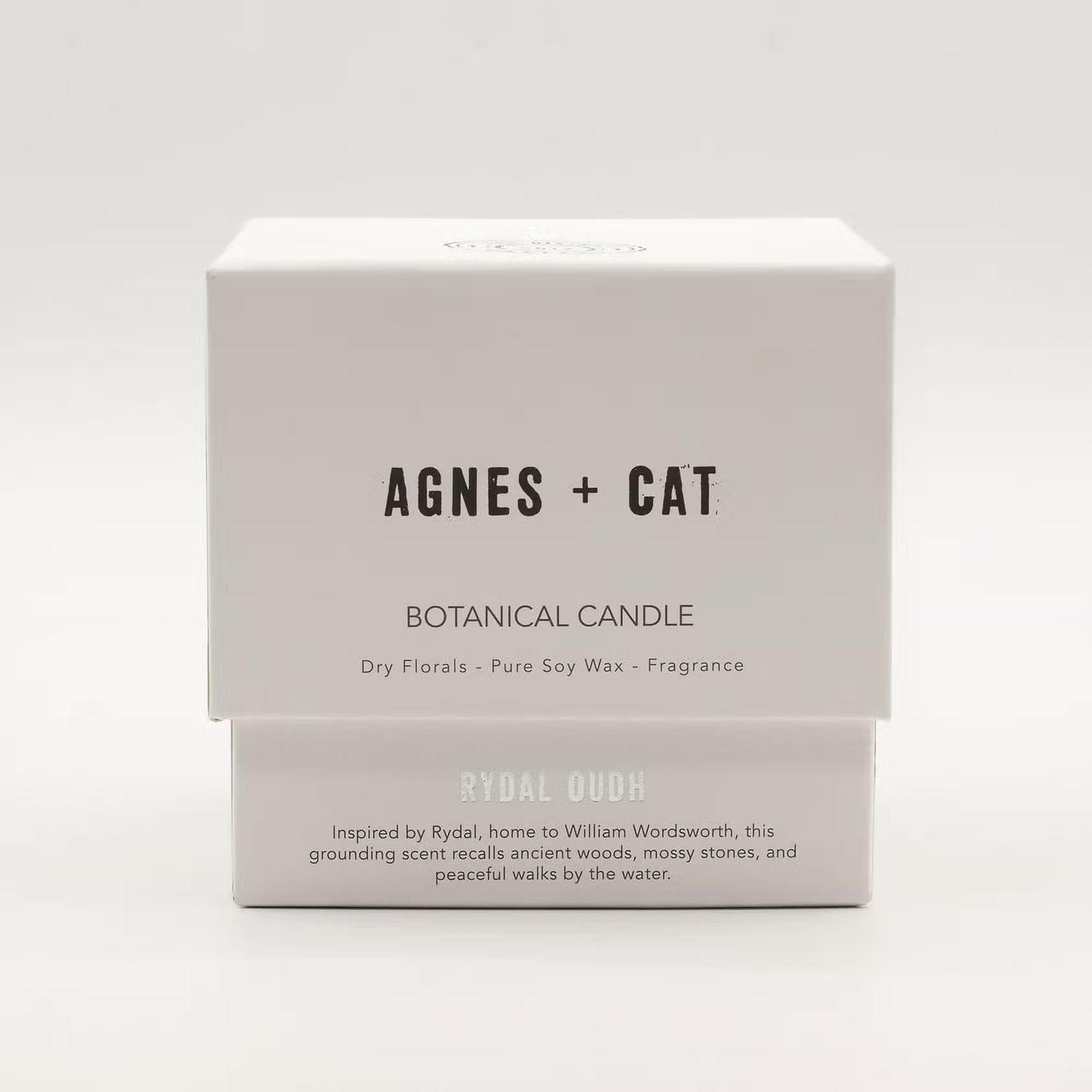 Agnes and Cat Rydal Oudh botanical soy wax candle with warm woody fragrance and dried florals