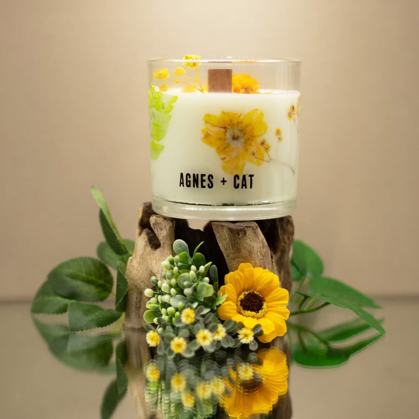 Agnes and Cat Rydal Oudh botanical soy wax candle with warm woody fragrance and dried florals