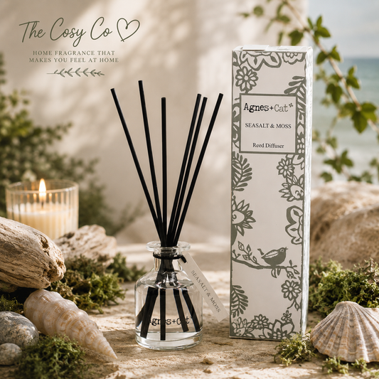 Agnes and Cat Sea Salt and Moss reed diffuser with coastal-inspired home fragrance