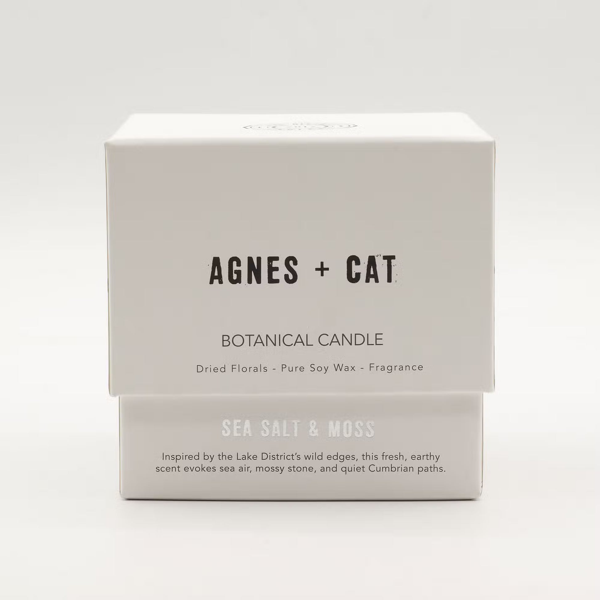 Agnes and Cat Sea Salt and Moss botanical soy wax candle with coastal-inspired fragrance and dried florals