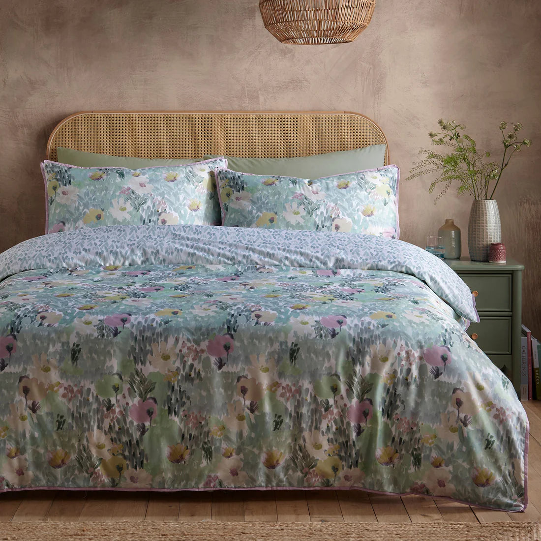 Appletree Abstract Floral duvet cover set with green watercolour floral reversible cotton bedding