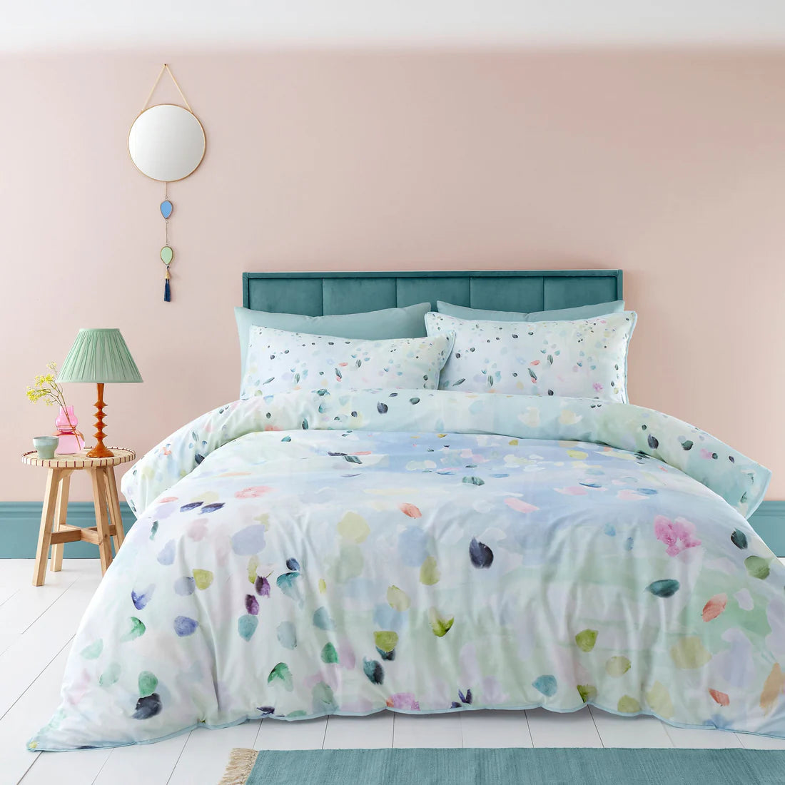Appletree Alfresco duvet cover set with duck egg abstract floral 100 percent cotton bedding