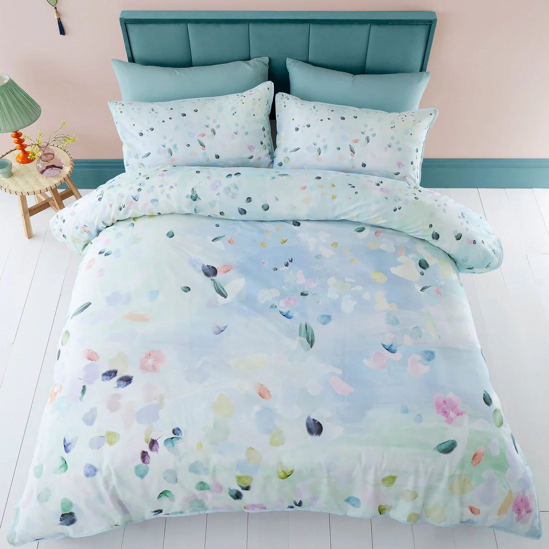 Appletree Alfresco duvet cover set with duck egg abstract floral 100 percent cotton bedding