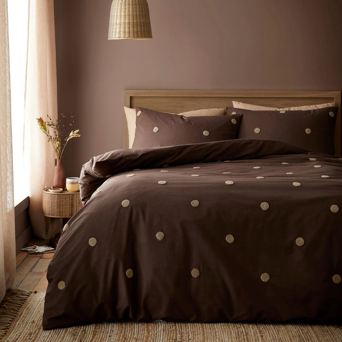 Appletree Dot Garden duvet cover set in chocolate with tufted polka dot detailing and 100% cotton fabric