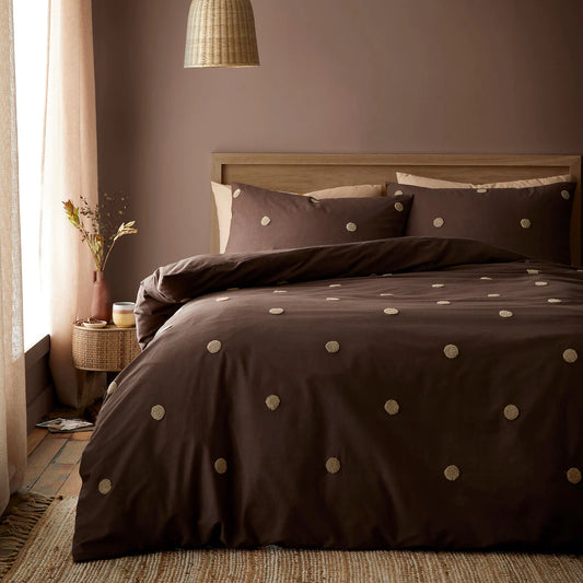 Appletree Dot Garden duvet cover set in chocolate with tufted polka dot detailing and 100% cotton fabric