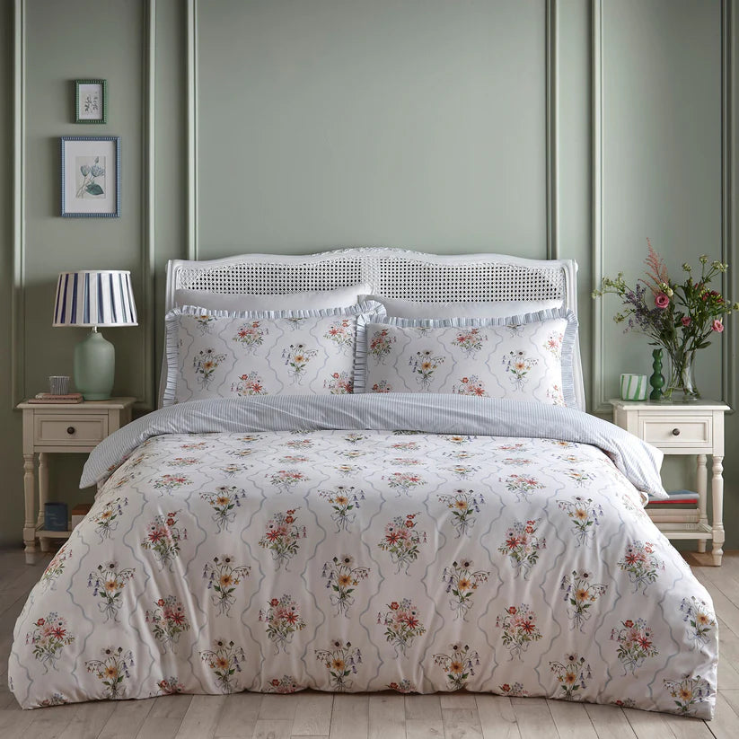 Appletree Floral Bouquet floral duvet cover set with elegant blue floral pattern and reversible stripe bedding