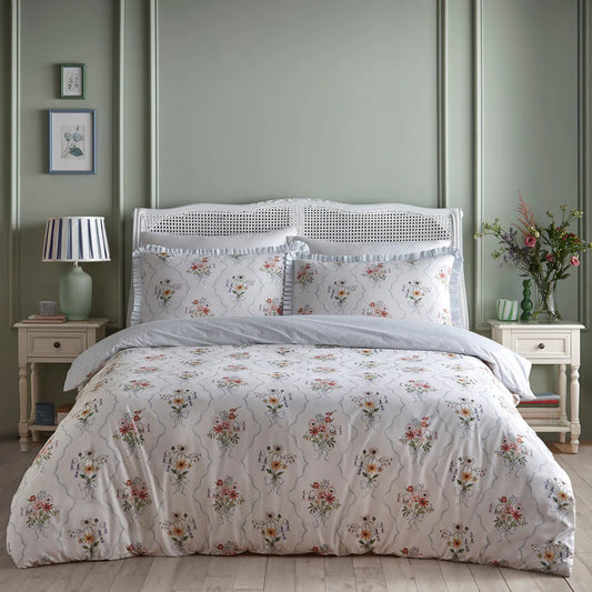 Appletree Floral Bouquet floral duvet cover set with elegant blue floral pattern and reversible stripe bedding