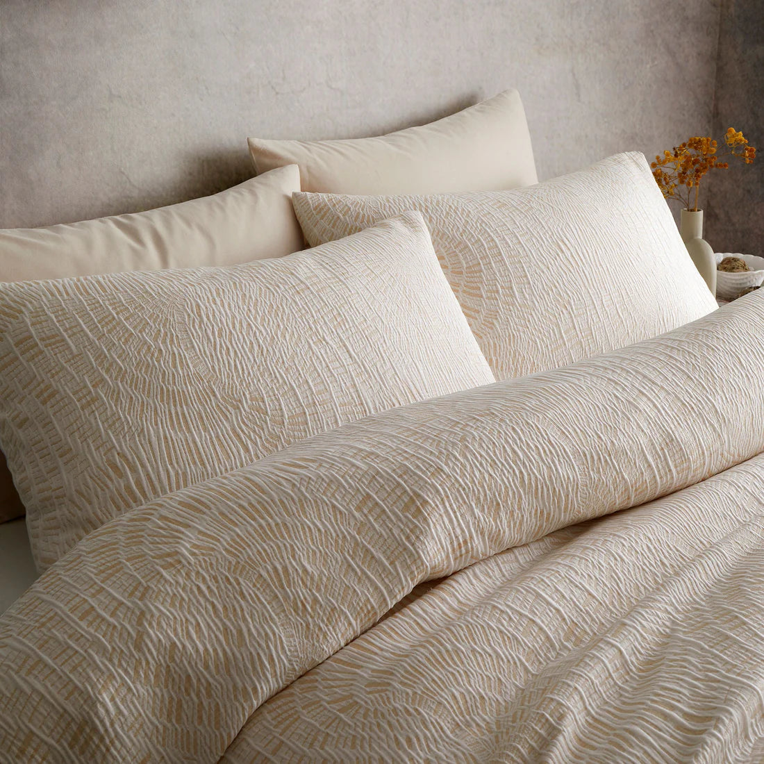 Appletree Fossil Jacquard duvet cover set with textured natural abstract bedding design