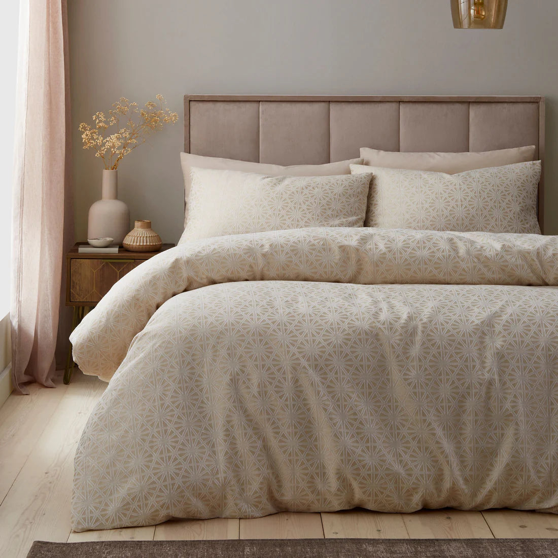 Appletree Geo Jacquard duvet cover set in natural with elegant woven geometric pattern and cotton-rich fabric