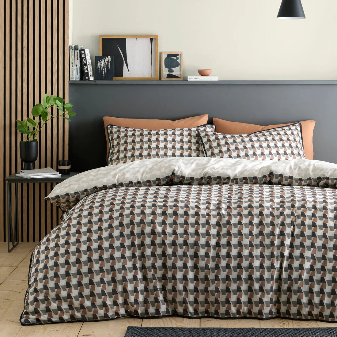 Appletree Jett duvet cover set in brown and bracken with geometric print, reversible design and 100% cotton fabric