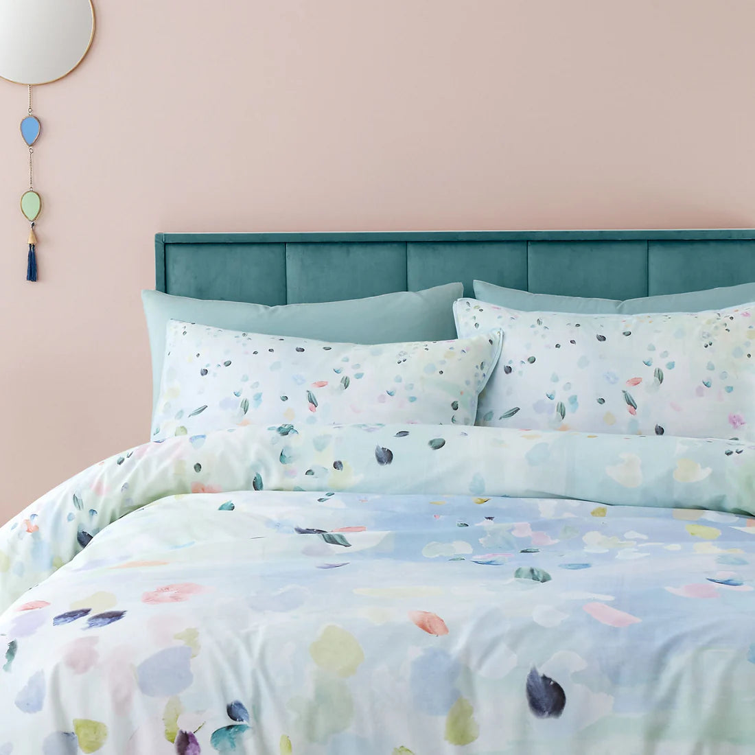 Appletree Alfresco duvet cover set with duck egg abstract floral 100 percent cotton bedding