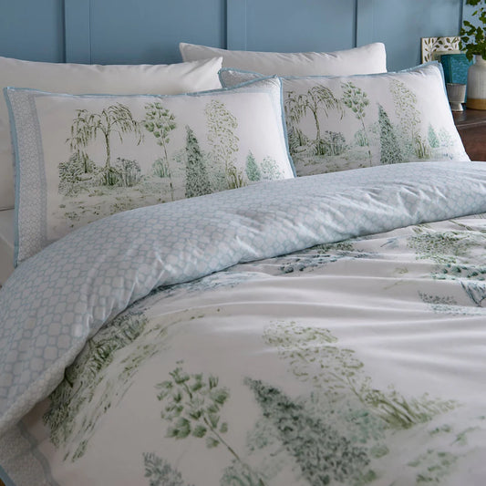 Appletree Willow Tree Scene duvet cover set with blue countryside toile reversible cotton bedding