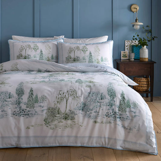 Appletree Willow Tree Scene duvet cover set with blue countryside toile reversible cotton bedding