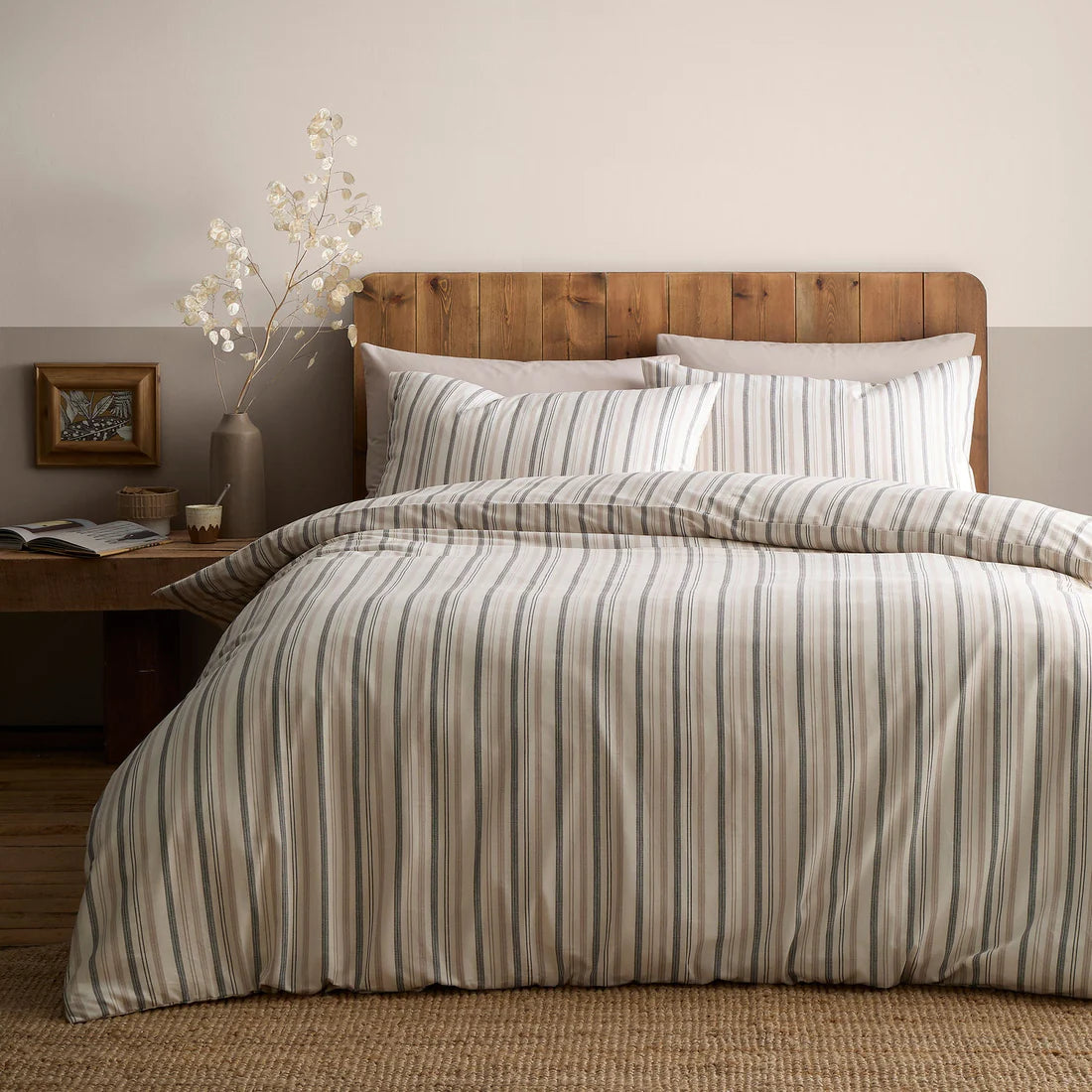 Appletree Yarn Dyed Woven Thin Stripe duvet cover set in natural with 100% cotton fabric and timeless woven stripe design