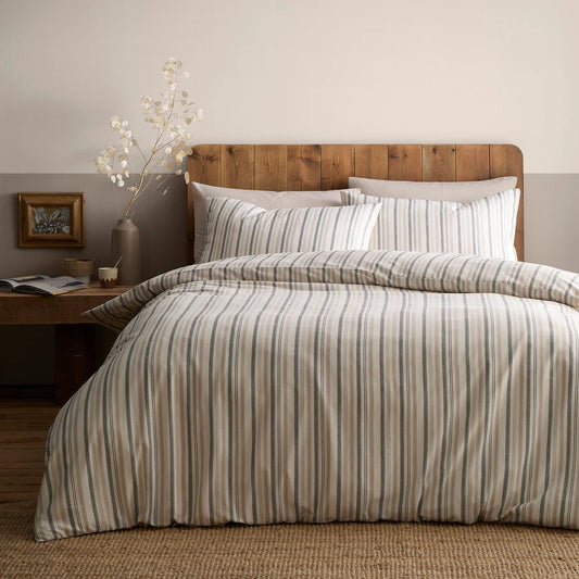 Appletree Yarn Dyed Woven Thin Stripe duvet cover set in natural with 100% cotton fabric and timeless woven stripe design