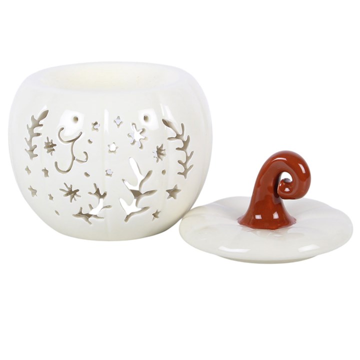 Cream Folk Pumpkin ceramic oil burner and wax warmer for autumn and Halloween home décor